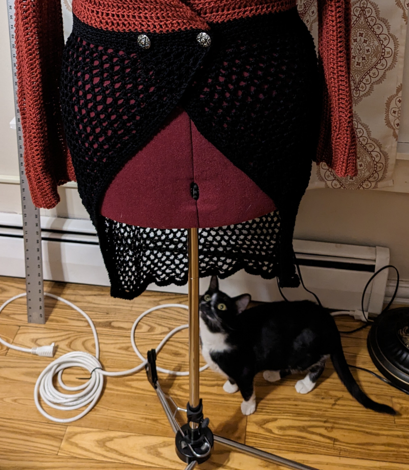 A picture of a cat standing below the dress form intently staring at the sweater above